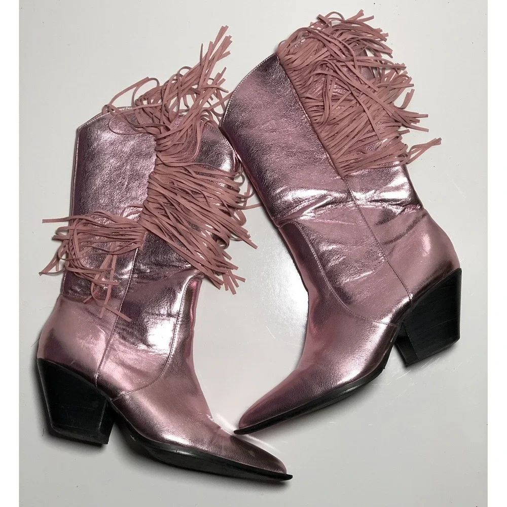 Billini Andi Metallic Pink Fringe Cowboy Cowgirl Boots Womens Damaged Heels 9 - Picture 1 of 16